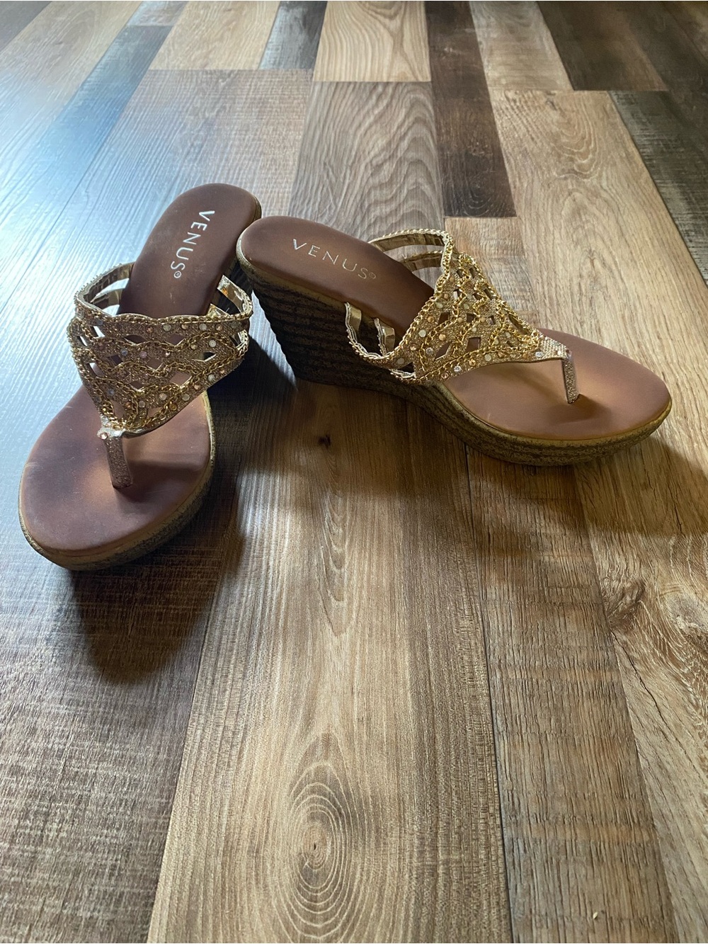 VENUS Gold Beaded Wedge Thong Sandals